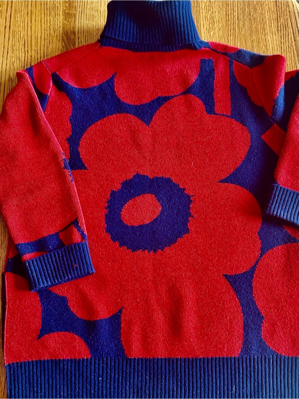 Marimekko Red and Navy Floral Turtleneck Wool Sweater